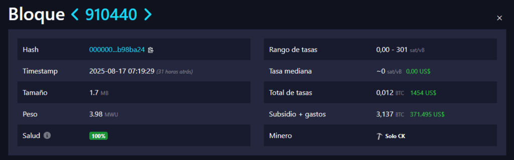 Un minero solitario se llevó más de 370.000 dólares. Fuente: mempool.space.