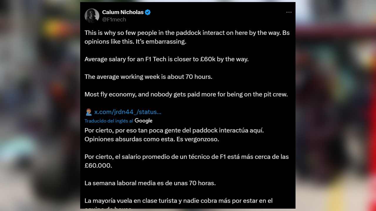 El posteo de Calum Nicholas, exmecanico de la Fórmula 1, hablando de los sueldos de los trabajadores