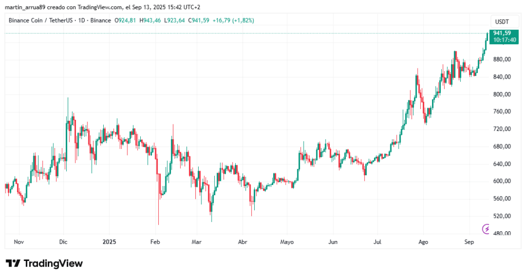 Gráfico de precio de la criptomoneda de Binance en los últimos 12 meses.