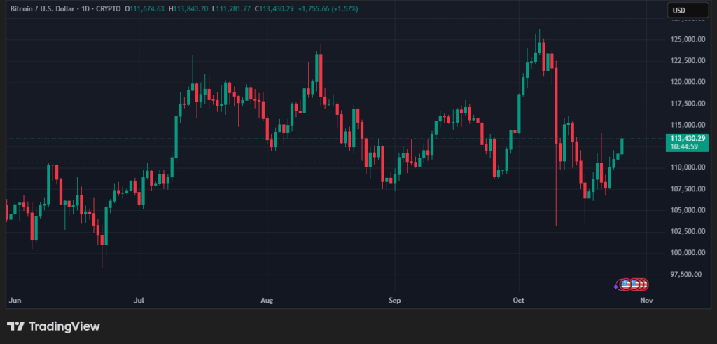 Gráfico del precio de BTC expresado en velas diarias. Fuente: TradingView.