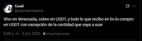 captura de imagen de un tuit que habla del uso de USDT en Venezuela