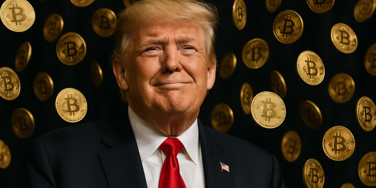 El presidente de Estados Unidos, Donald Trump, sonriendo en medio de una 'lluvia de bitcoin'